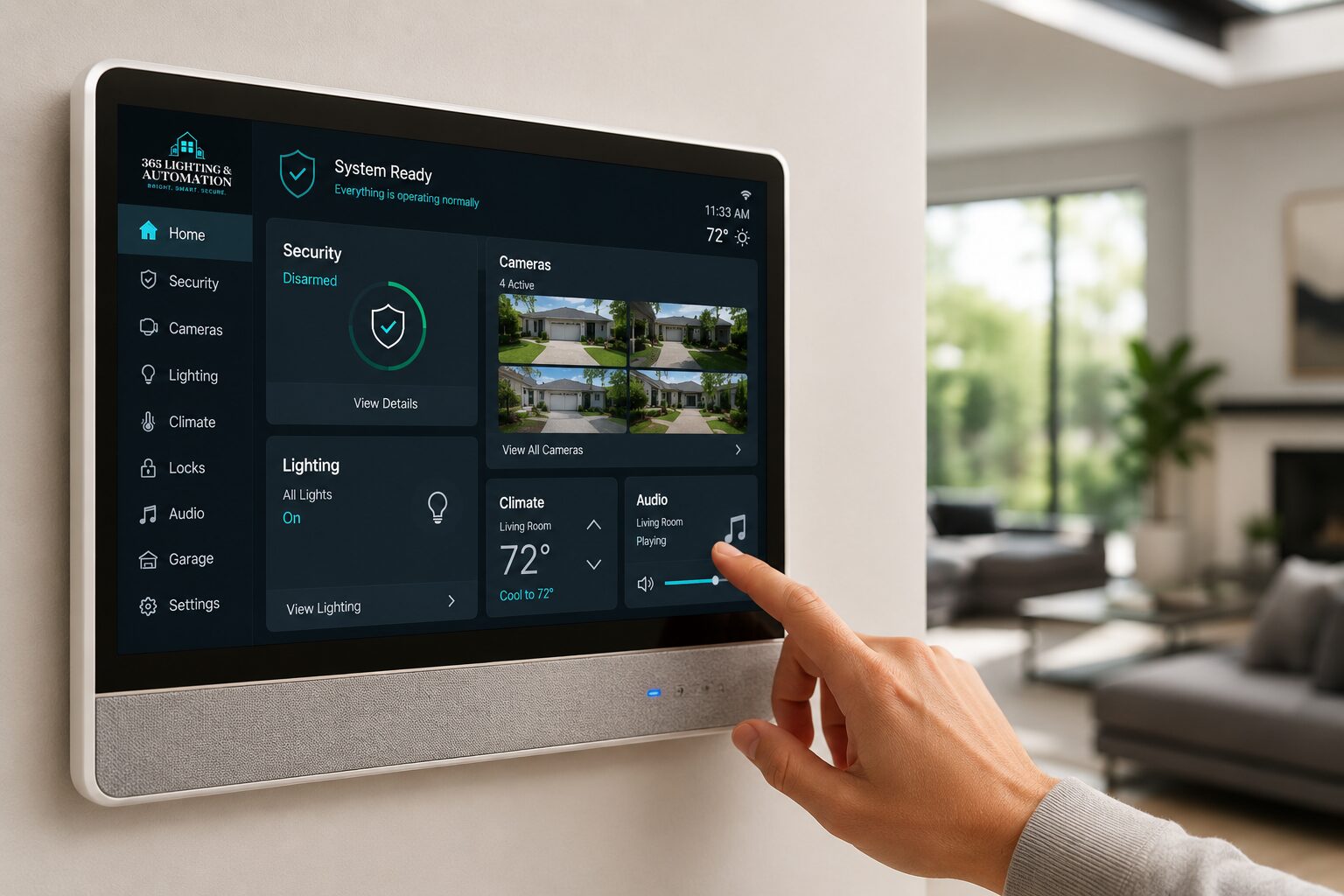 Smart home control panel with touchscreen interface.